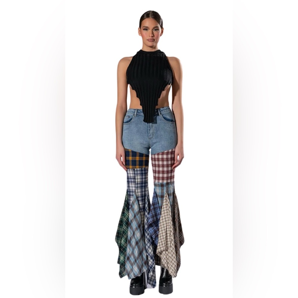 NWT! REHAB LAB Plaid Patchwork Mixed Media Flannel Flare Leg Denim Jeans Pants - Picture 4 of 15